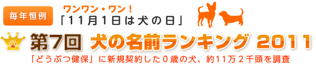 毎年恒例　ワンワン・ワン！「11月1日は犬の日」　第7回犬の名前ランキング2011　「どうぶつ健保」に新規契約した0歳の犬、約11万2千頭を調査